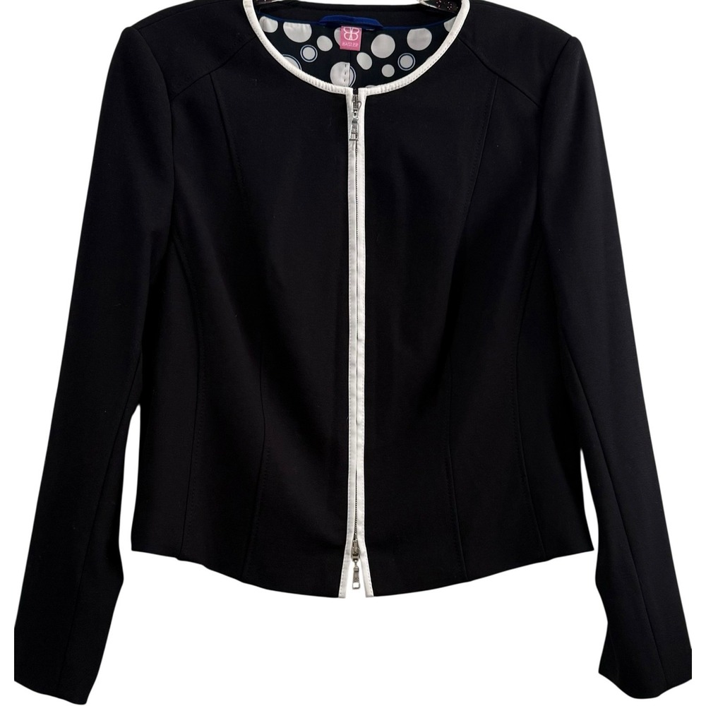 Basler Women's 40 US‎ 10 Black / White Trim Collarless Two Way Zipper Blazer